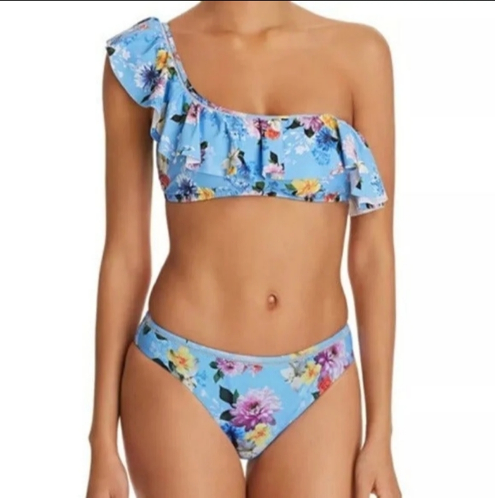 Nanette Lepore Blue Floral One Shouler Monaco Swim Suit Set